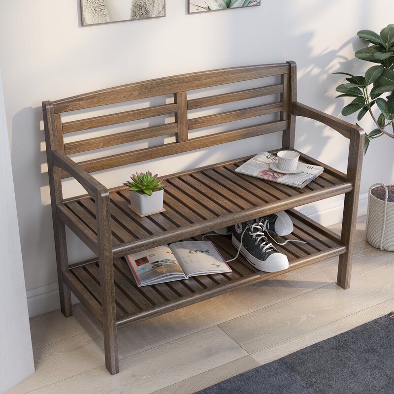 Kitia Solid Wood Shelves Storage Bench revvvd
