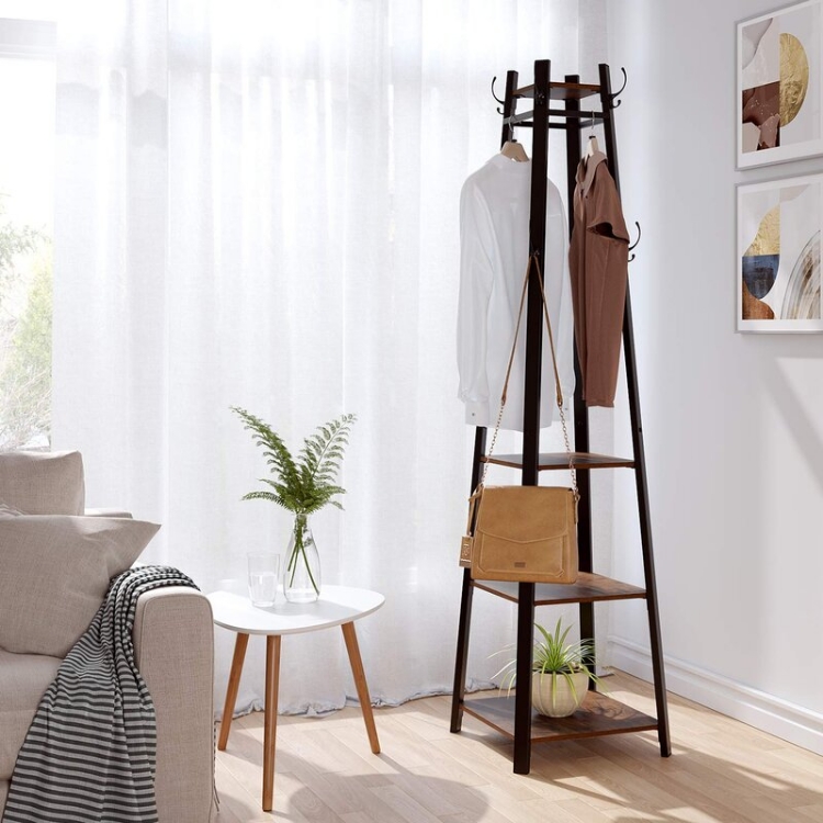 Coat Rack With 8 Dual Hooks And 4-Tier Storage Shelves
