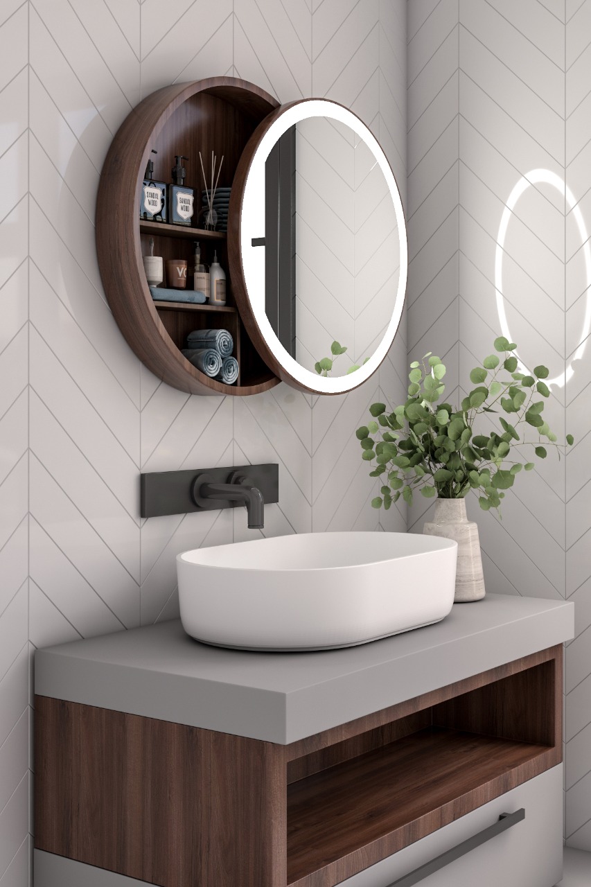Get movable bathroom round mirror Aviana with storage revvvd