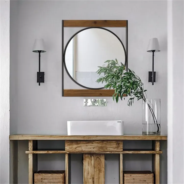 Gnana Round Wall Mirror with Rectangle Wood Frame