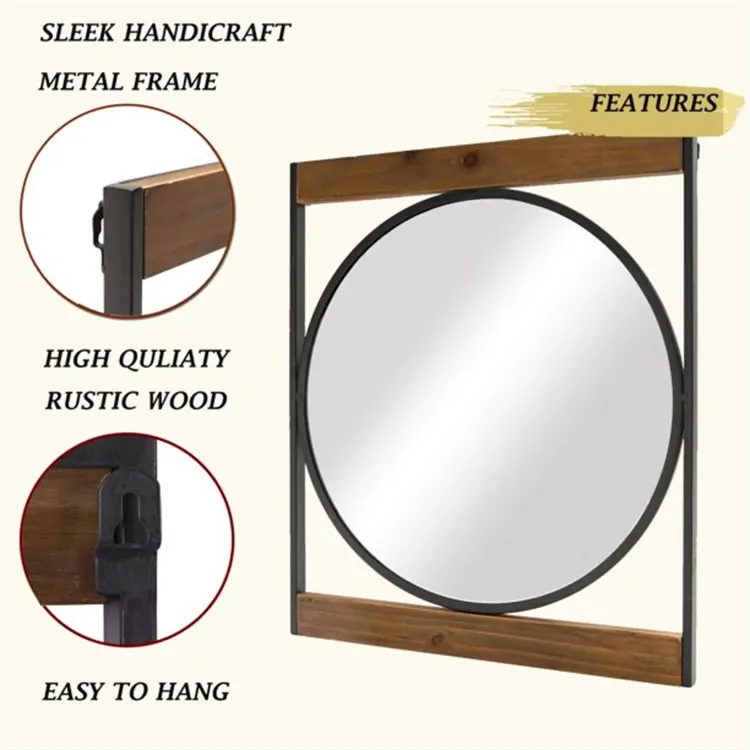 Gnana Round Wall Mirror with Rectangle Wood Frame