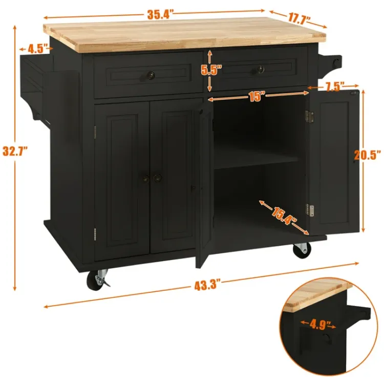 43 Wide Rolling Kitchen Island with Solid Wood Top