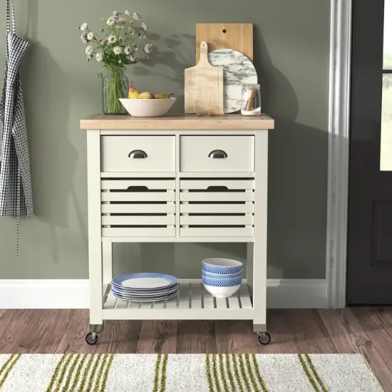 Auberon Wide Rolling Kitchen Cart with Solid Wood Top