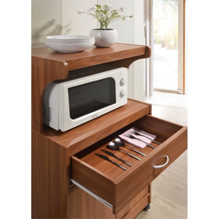 Pemberly Row Wood Microwave Kitchen Cart with Open Storage in Black Beech