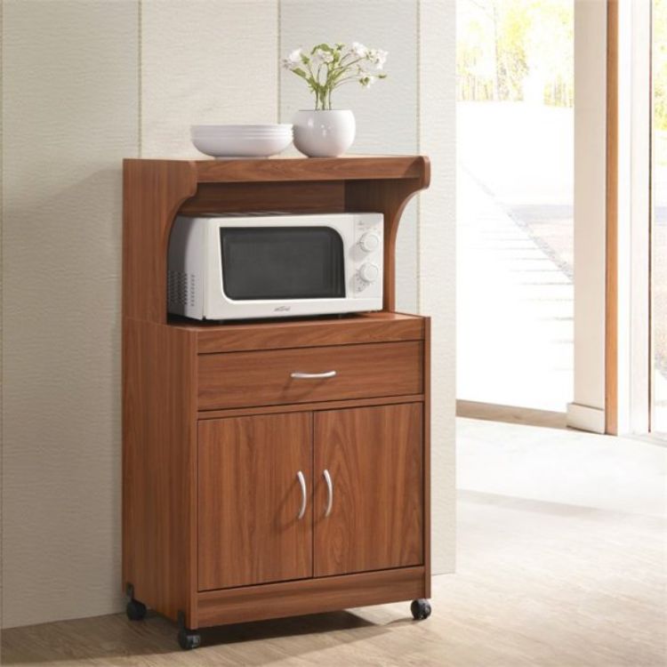Pemberly Row Wood Microwave Kitchen Cart with Open Storage in Black Beech