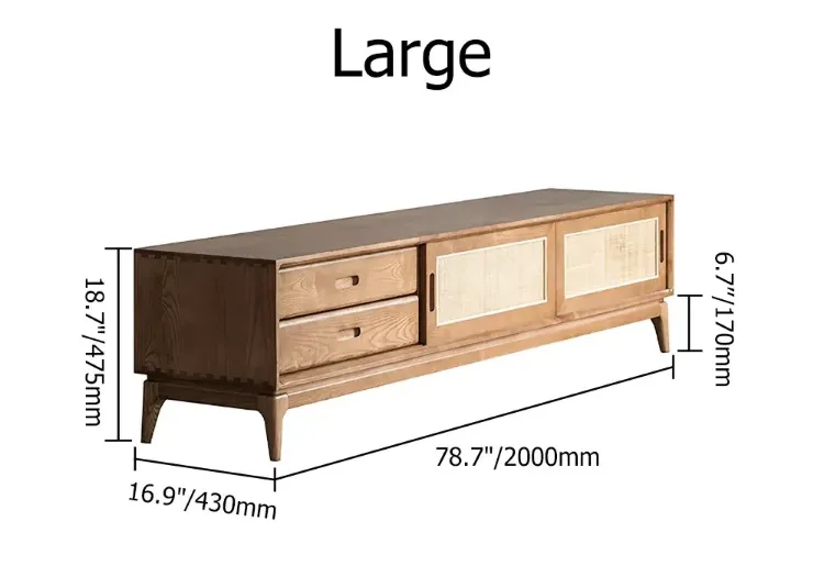 Cottage Walnut TV Stand for 80 inch TV with 2 Drawers & 2 Doors & Rattan