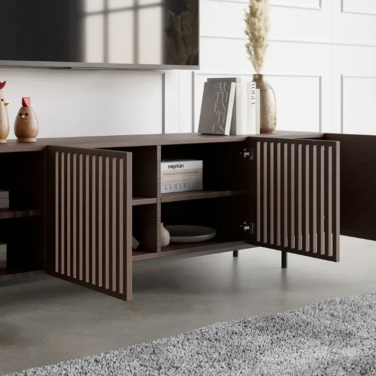 Japandi Slatted Media Console Wood TV Stand in Walnut with Shelves