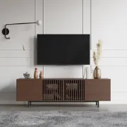 Japandi Slatted Media Console Wood TV Stand in Walnut with Shelves