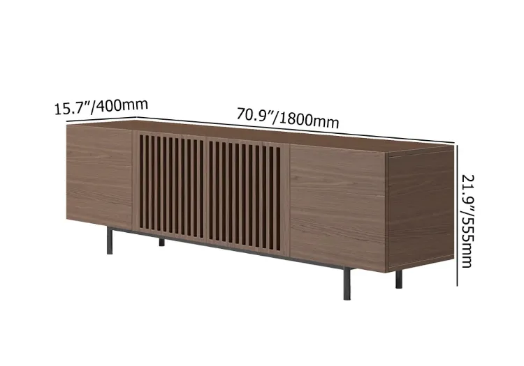 Japandi Slatted Media Console Wood TV Stand in Walnut with Shelves