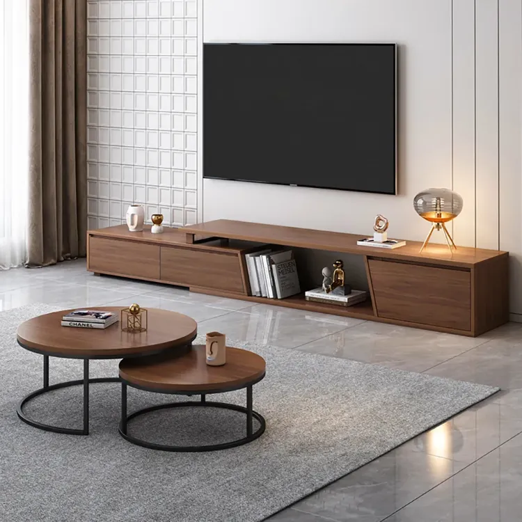 Fero Minimalist Walnut Rectangle Extendable TV Stand with 3 Drawers Up to 120