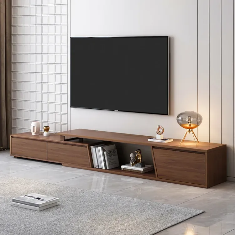 Fero Minimalist Walnut Rectangle Extendable TV Stand with 3 Drawers Up to 120