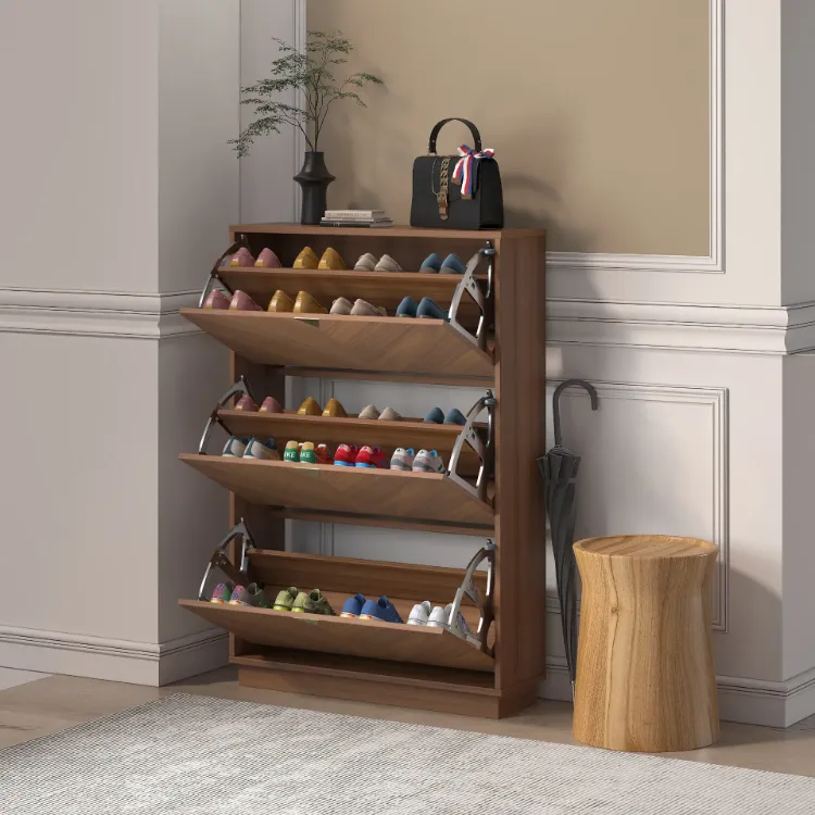 Capet Walnut Narrow Shoe Storage Cabinet with Flip Down Large Capacity up to 20 Pairs