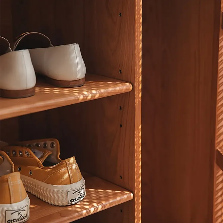 japandi Walnut Rattan Shoe Cabinet 2-Door 4-Shelf Shoe Organizer