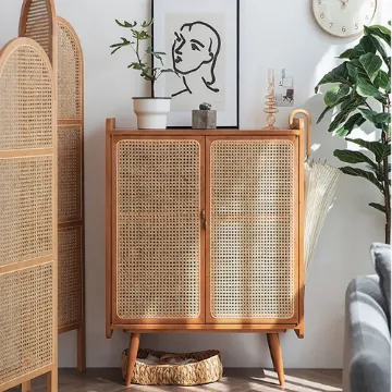 japandi Walnut Rattan Shoe Cabinet 2-Door 4-Shelf Shoe Organizer japandi Walnut Rattan Shoe Cabinet 2-Door 4-Shelf Shoe Organizer