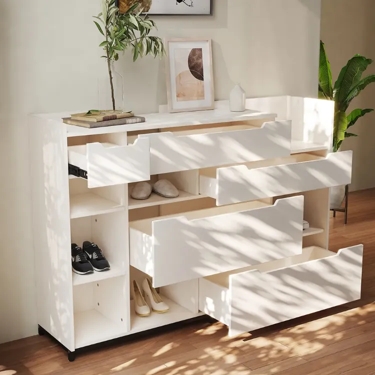 Nordic White Shoe Storage Cabinet with 7 Shelves 5 Drawers Entryway Shoe Storage
