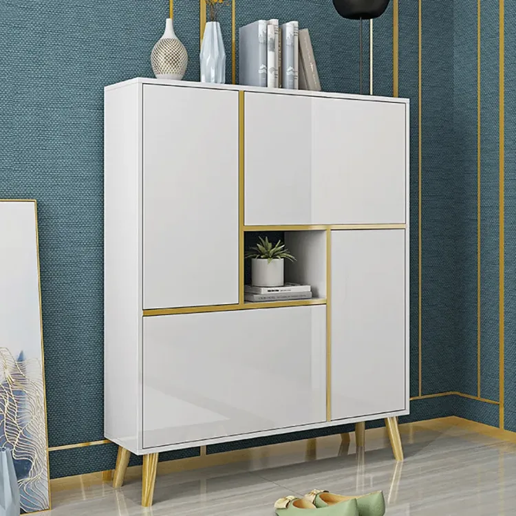 White Modern Shoe Storage Cabinet 17-Pair 2 Doors with Shelves & Pull-Down Drawers