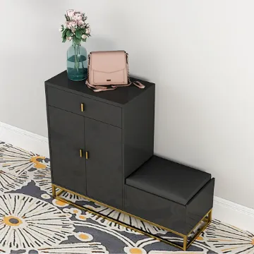 Modern Black Upholstered Shoe with Rack Flip Top Stool Modern Black Upholstered Shoe with Rack Flip Top Stool