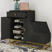 Modern Black Upholstered Shoe with Rack Flip Top Stool