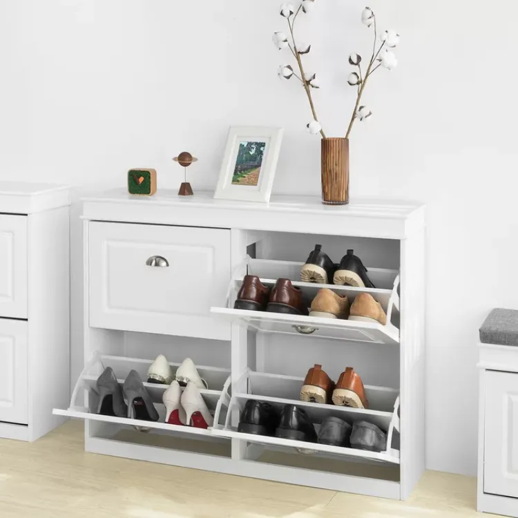 White 16 Pairs Manufactured Wood Shoe Storage Cabinet