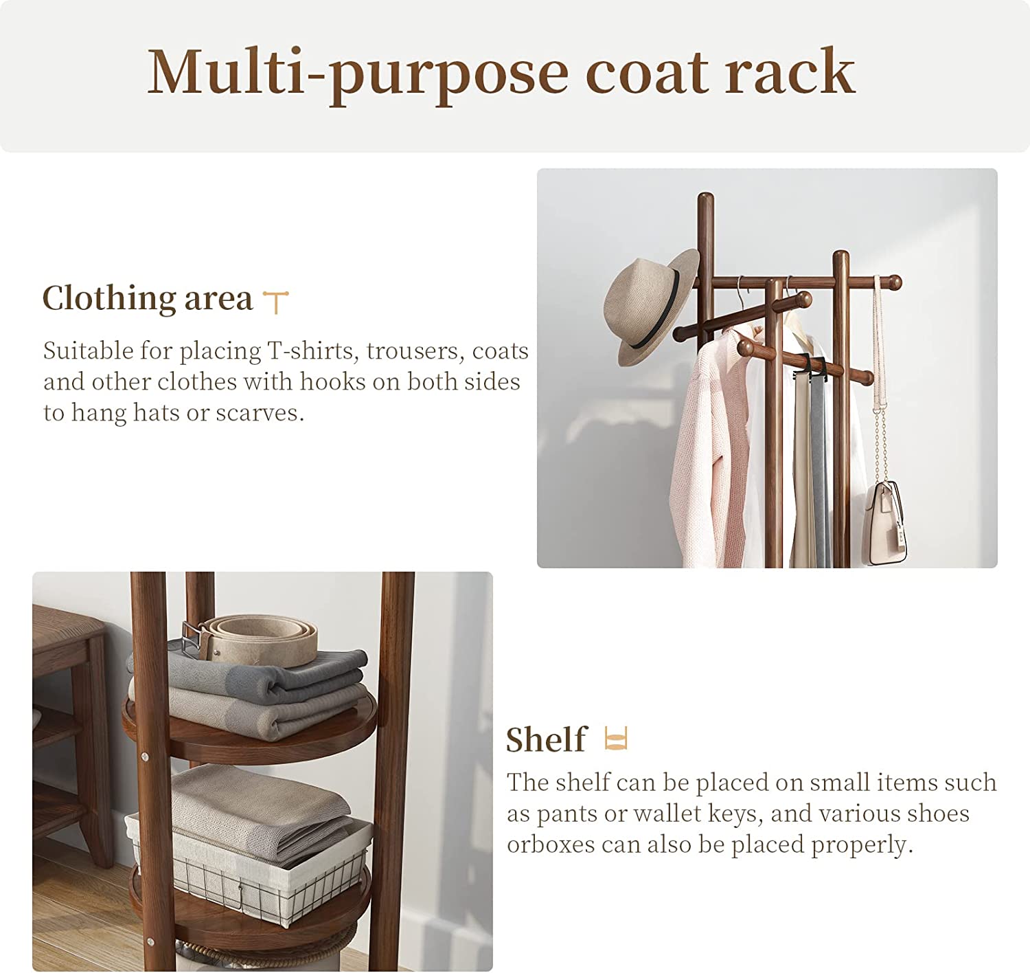 Antique Wooden Rotary Coat Rack Stand with 3 Shelves revvvd