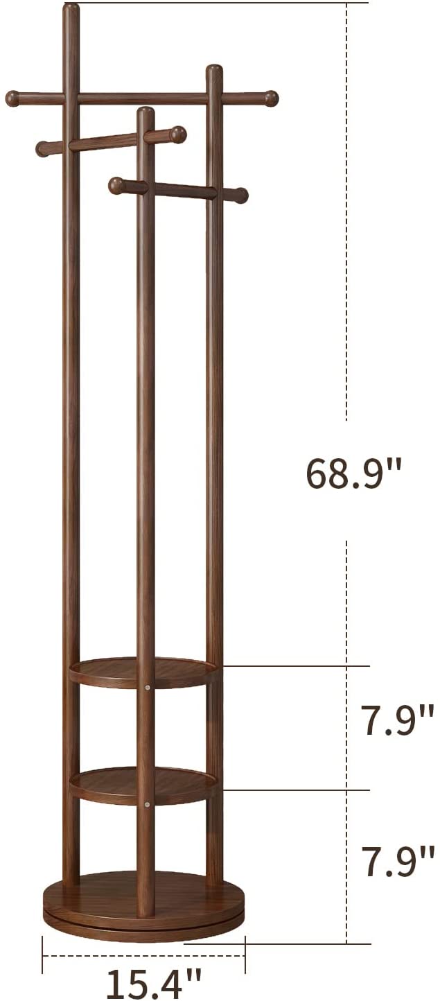Antique Wooden Rotary Coat Rack Stand with 3 Shelves revvvd