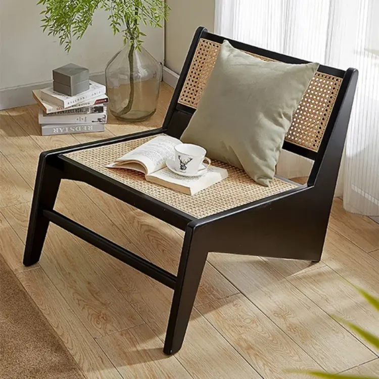 Picture of Japandi Black Rattan and Wood Lounge Chair 