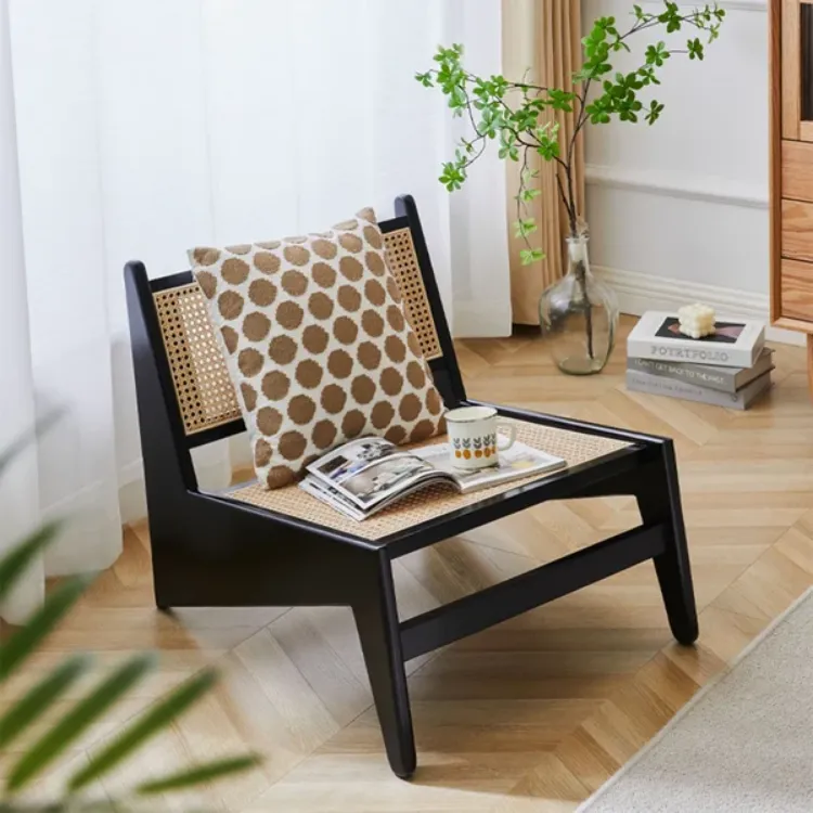 Picture of Japandi Black Rattan and Wood Lounge Chair 