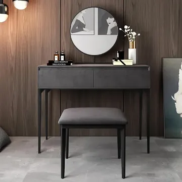 Enigma Vanity with Round Mirror and Elegant Chair – Natural Wood Enigma Vanity with Round Mirror and Elegant Chair – Natural Wood
