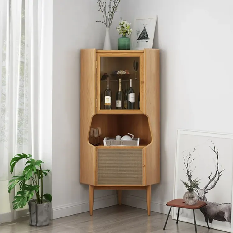 صورة Natural Corner Cabinet 2-Door Bar Cabinet with Hutch & Shelf Rattan Woven