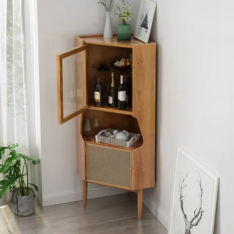 صورة Natural Corner Cabinet 2-Door Bar Cabinet with Hutch & Shelf Rattan Woven