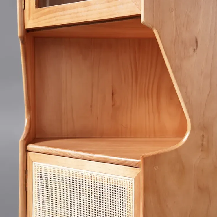 صورة Natural Corner Cabinet 2-Door Bar Cabinet with Hutch & Shelf Rattan Woven