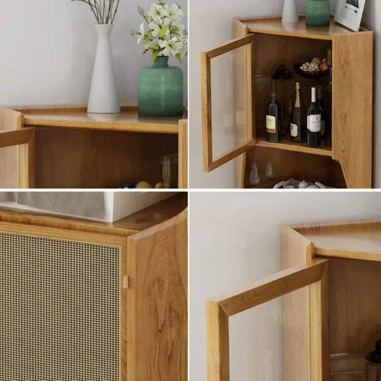 صورة Natural Corner Cabinet 2-Door Bar Cabinet with Hutch & Shelf Rattan Woven