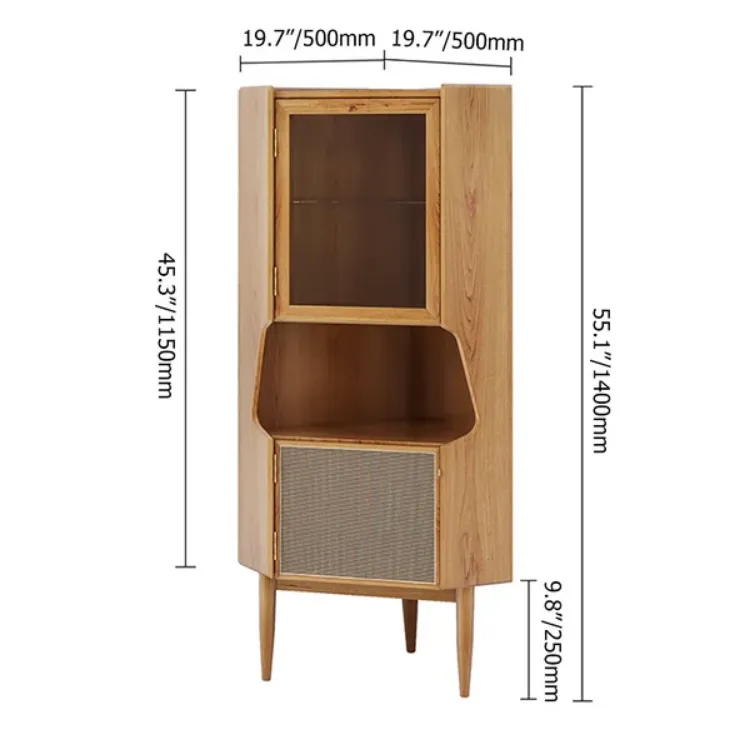 صورة Natural Corner Cabinet 2-Door Bar Cabinet with Hutch & Shelf Rattan Woven