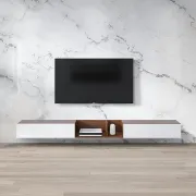 floating tv stand in white and walnut 