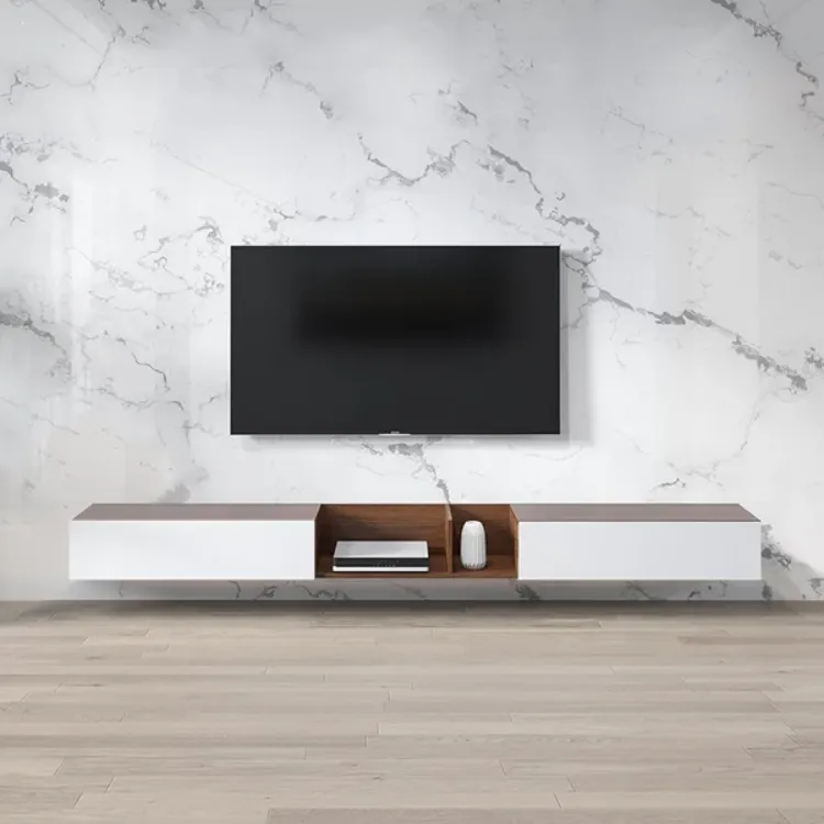 floating tv stand in white and walnut 