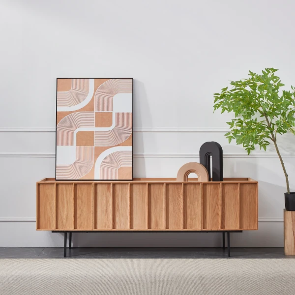 صورة وحدة تلفزيون لوكلير – خشب طبيعي وراتان مع أبواب منزلقة