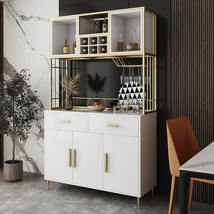 صورة White & Gold Freestanding Cabinet & Pantry Organization with Wine Glass Holder