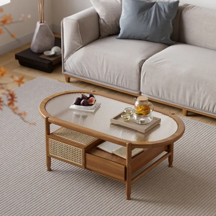 صورة Nature Wood Glass Coffee Tables Rattan Leisure with 4 Drawers