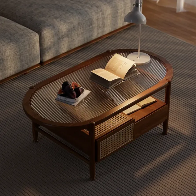 صورة Nature Wood Glass Coffee Tables Rattan Leisure with 4 Drawers