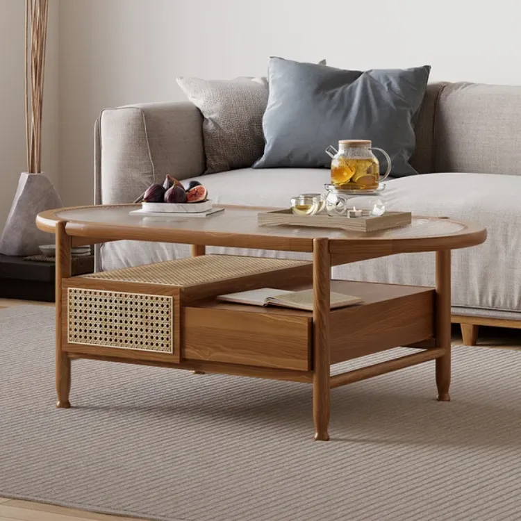 صورة Nature Wood Glass Coffee Tables Rattan Leisure with 4 Drawers