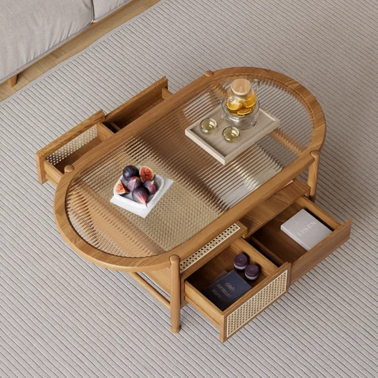 صورة Nature Wood Glass Coffee Tables Rattan Leisure with 4 Drawers