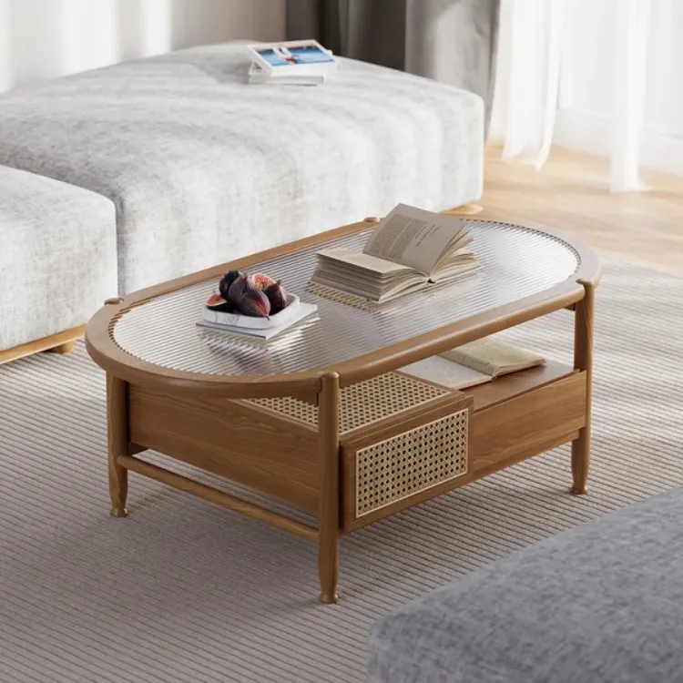 صورة Nature Wood Glass Coffee Tables Rattan Leisure with 4 Drawers