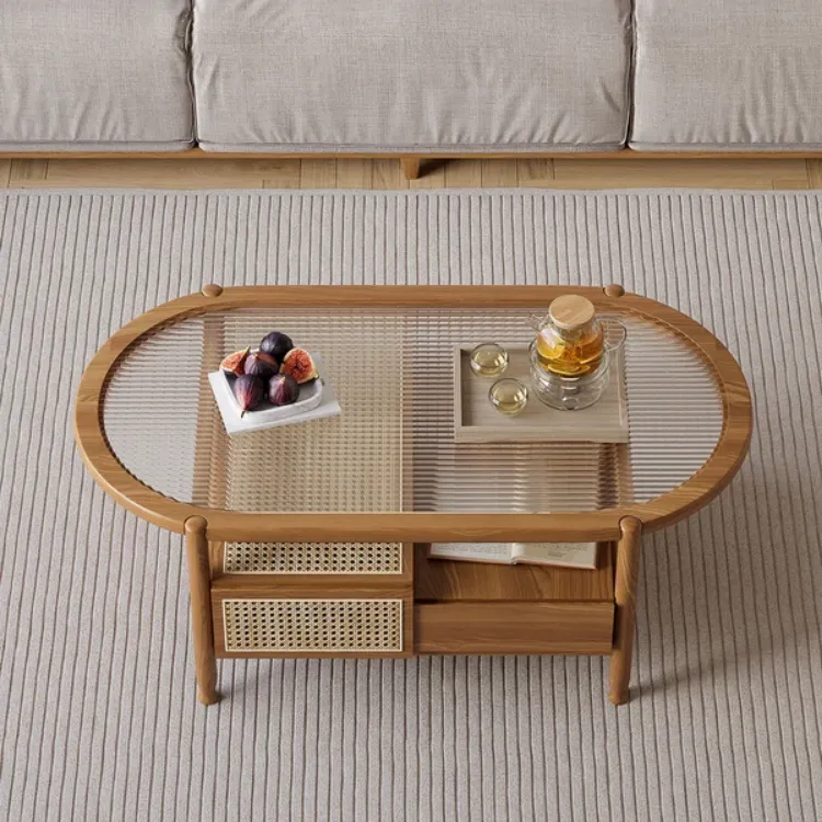 صورة Nature Wood Glass Coffee Tables Rattan Leisure with 4 Drawers