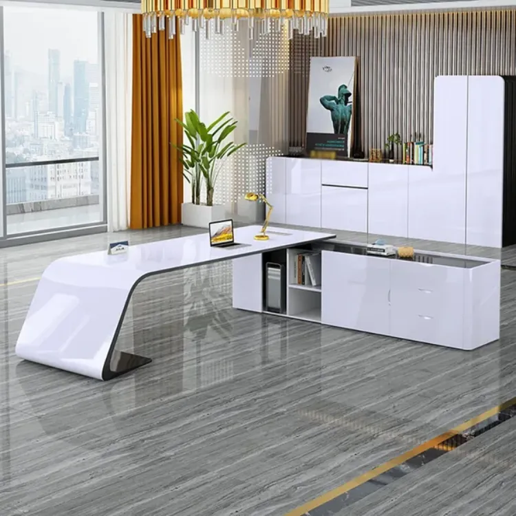 صورة L-Shaped Right Hand Modern White Office Desk with Storage