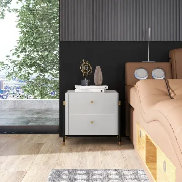 Haki Nightstand – Natural Wood Frame with Faux Marble Top and Dual Drawers Haki Nightstand – Natural Wood Frame with Faux Marble Top and Dual Drawers