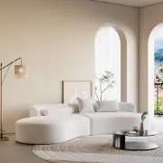 صورة Modern White Curved Velvet Sectional Sofa 2 Piece 4-Seater Chaise with 3 Pillows