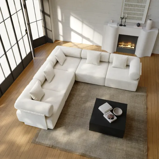 صورة Modular White Velvet L-Shape Sectional Sofa