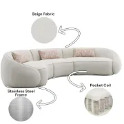 صورة Modern Curved Upholstered Round Arms Sectional Sofa with 3 Pillows，Beige