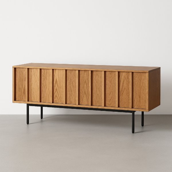 صورة وحدة تلفزيون لوكلير – خشب طبيعي وراتان مع أبواب منزلقة