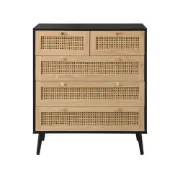Mireya – 5-Drawer Chest in Natural Wood & Rattan Elegance